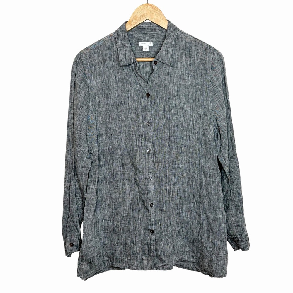 J Jill Love Linen Button Up Shirt Gray Womens Size M Lagenlook Long Sleeve